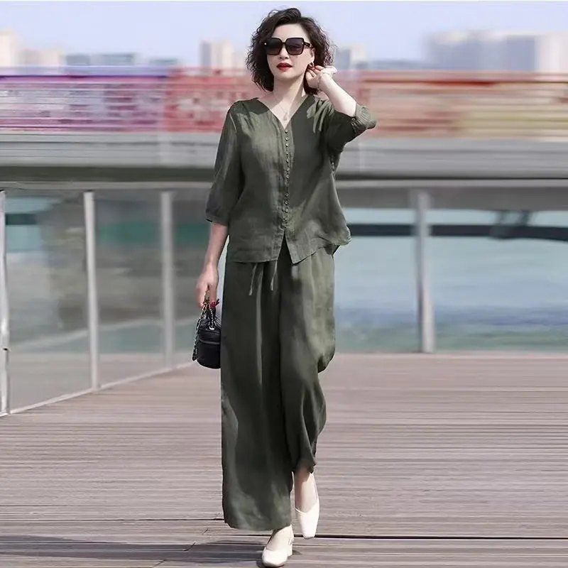 Women Fashion Over The Years - Komplet z lnu i bawełny, damski,